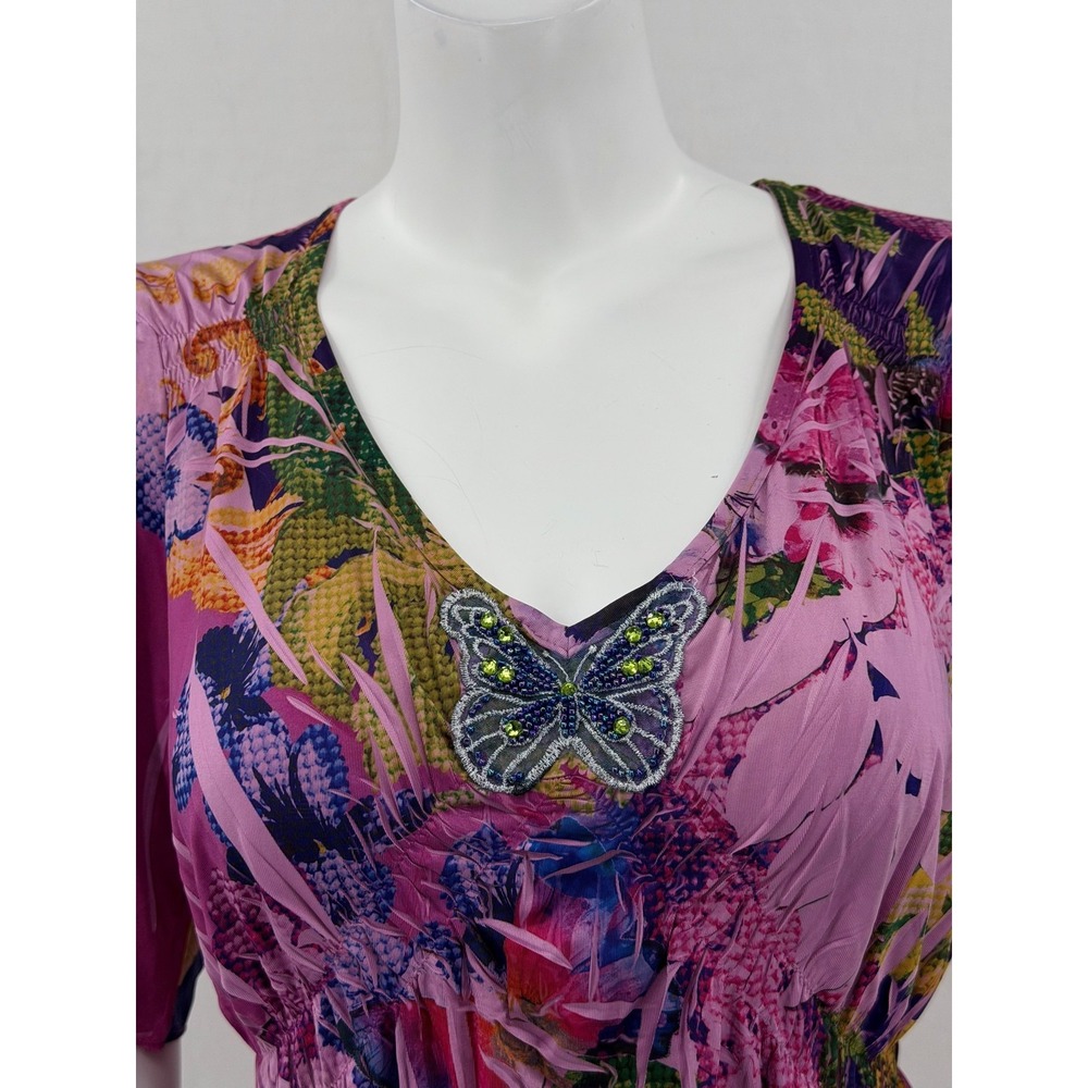 One World Top Womens Medium Pink Floral Butterfly Embellished Tunic Y2k Romantic - Picture 2 of 10